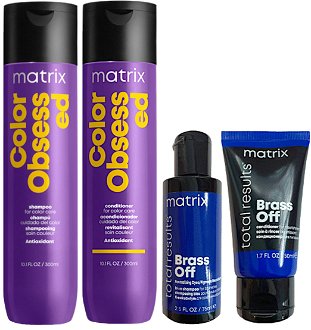 Sada pre farbené vlasy Matrix Color Obsessed + cestovné balenie Matrix Brass Off zadarmo + darček zadarmo