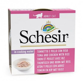 Schesir konzerva pre mačky Natural tuniak, kura, ryža 85 g