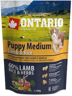 VZORKA Ontario dog puppy medium jahňa a ryža 0,1 kg