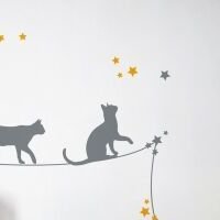 Nástenná samolepka - tieňové obrázky - mačky na lane farba mačky: sivá, farba doplnky: sv. modrá 7