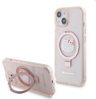 Zadný kryt Hello Kitty IML Ringstand Glitter Kitty Head Logo MagSafe pre Apple iPhone 15, ružové