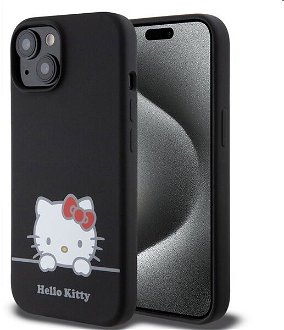Zadný kryt Hello Kitty Liquid Silicone Daydreaming Logo pre Apple iPhone 15, čierne