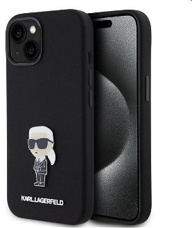 Zadný kryt Karl Lagerfeld Liquid Silicone Metal Ikonik pre Apple iPhone 15, čierne